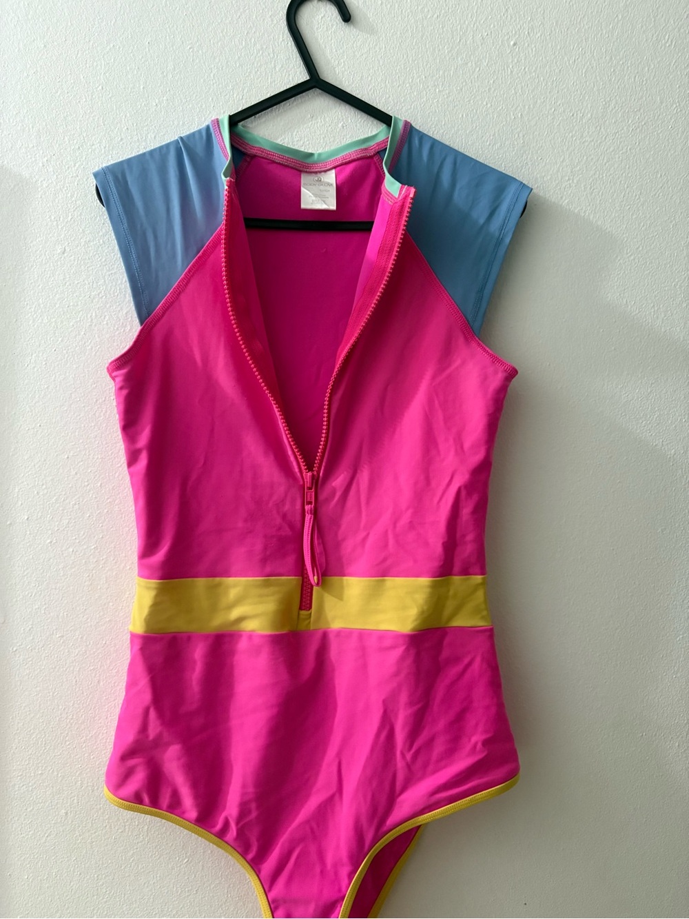 Body Glove Pink Colorblock Zip-Front Bodysuit with Blue Shoulders